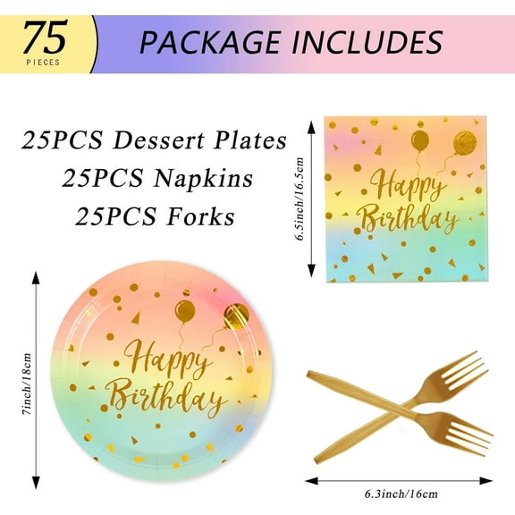 TRHOO-75PCS Happy Birthday Paper Plates - 7 Inch Colorful Gold Dot Paper Plates and 6.5 Inch Napkins with 6.3 Inch Gold Forks Disposable Tableware Set for Birthday Party Decorations, Serves 25