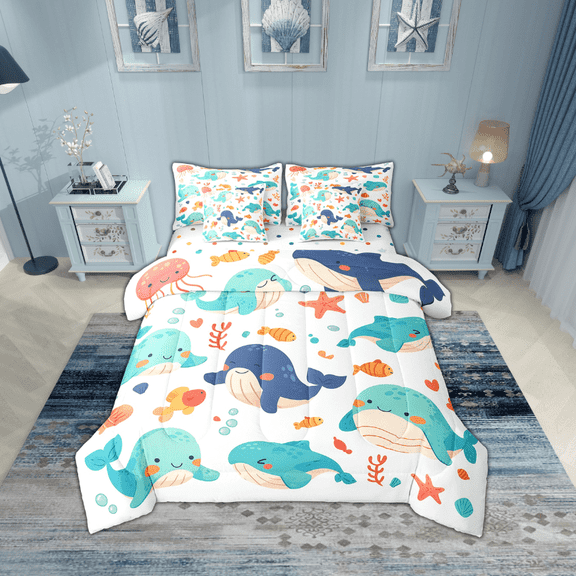 Erosebridal Kawaii Whale Bedding Sets Twin Size,Sea Animal Comforter Sets with Sheets,Teenager Bedroom Decor,Reversible,Breathable,7pcs