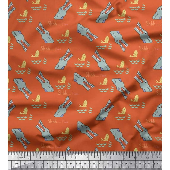 Soimoi Orange Cotton Cambric Fabric Crocodile Face & Fish Ocean Printed Fabric 1 Yard 42 Inch Wide