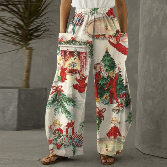 BLTIBY Women's Christmas Pant Fall Winter Elastic Waist Printed Wide Leg Sweatpants Xmas Soft Comfy Loose Casual Pants Trousers with Pockets Beige L