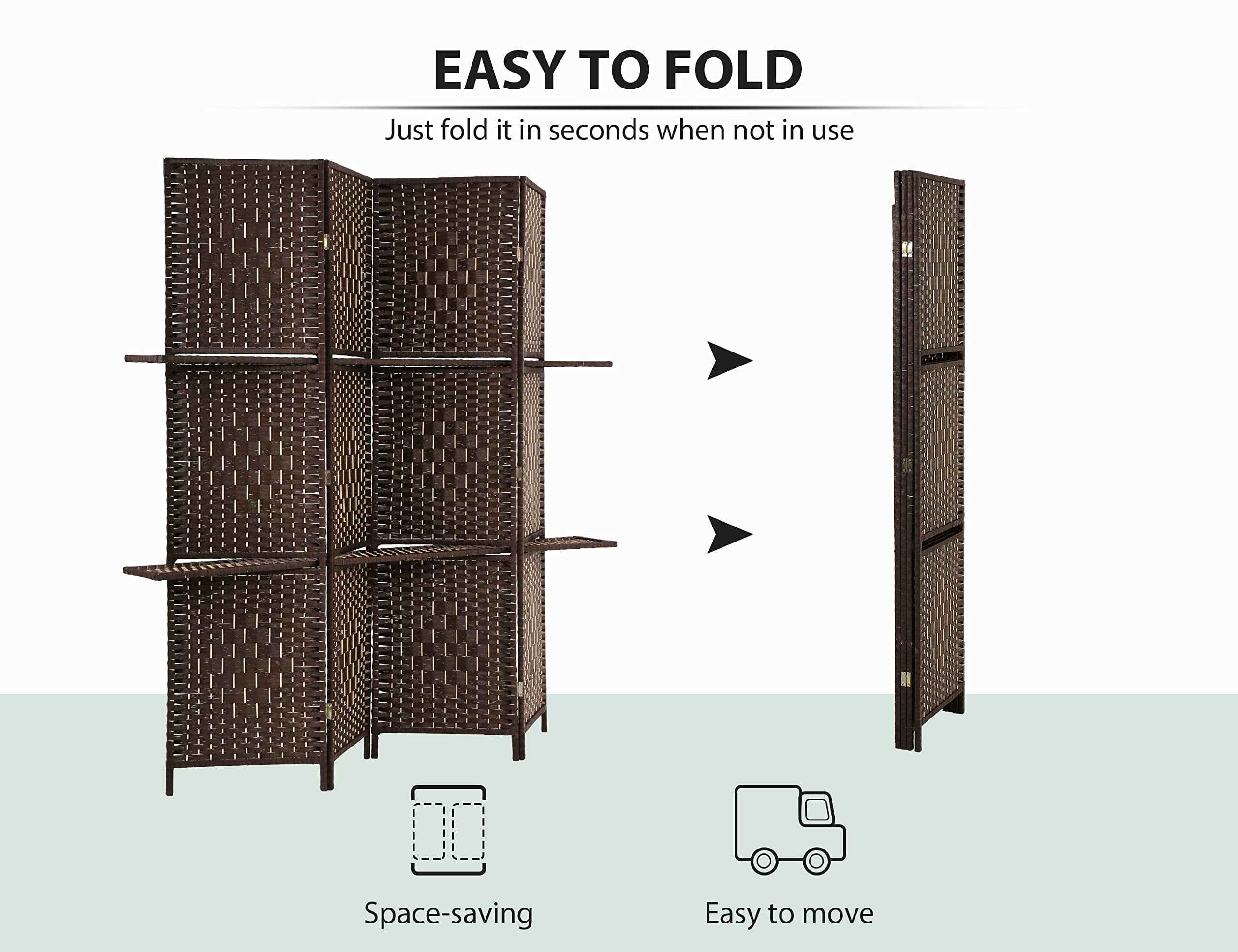 CL.HPAHKL 4 Panel Folding Wooden Room Divider, 5.88ft Tall Partition Screen with Removable Storage Shelves, Freestanding Portable Wall for Home Office Dorm Hotel, Brown