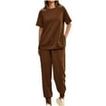 thumbnail image 2 of LLYWEY Womens Short Sleeve Sweatshirt Set , Casual Loose Crew Neck Short Sleeve Sweatshirts Joggers Sets Sweatpants with Pockets 2 Piece Outfits New-22 Brown S, 2 of 8