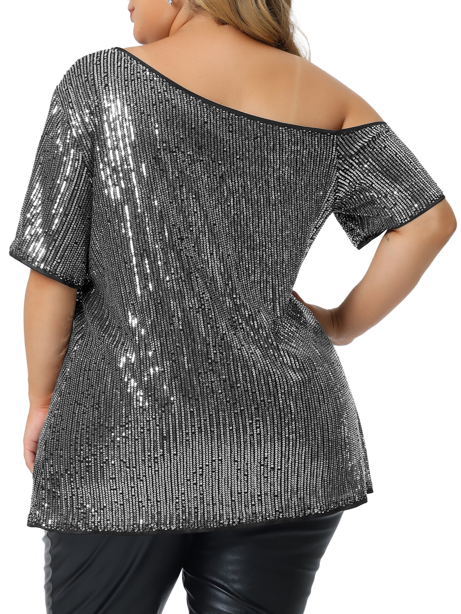 Women's Plus Tops One Shoulder Short Sleeve Metallic Blouses Party Sequin Tops 1X Silver