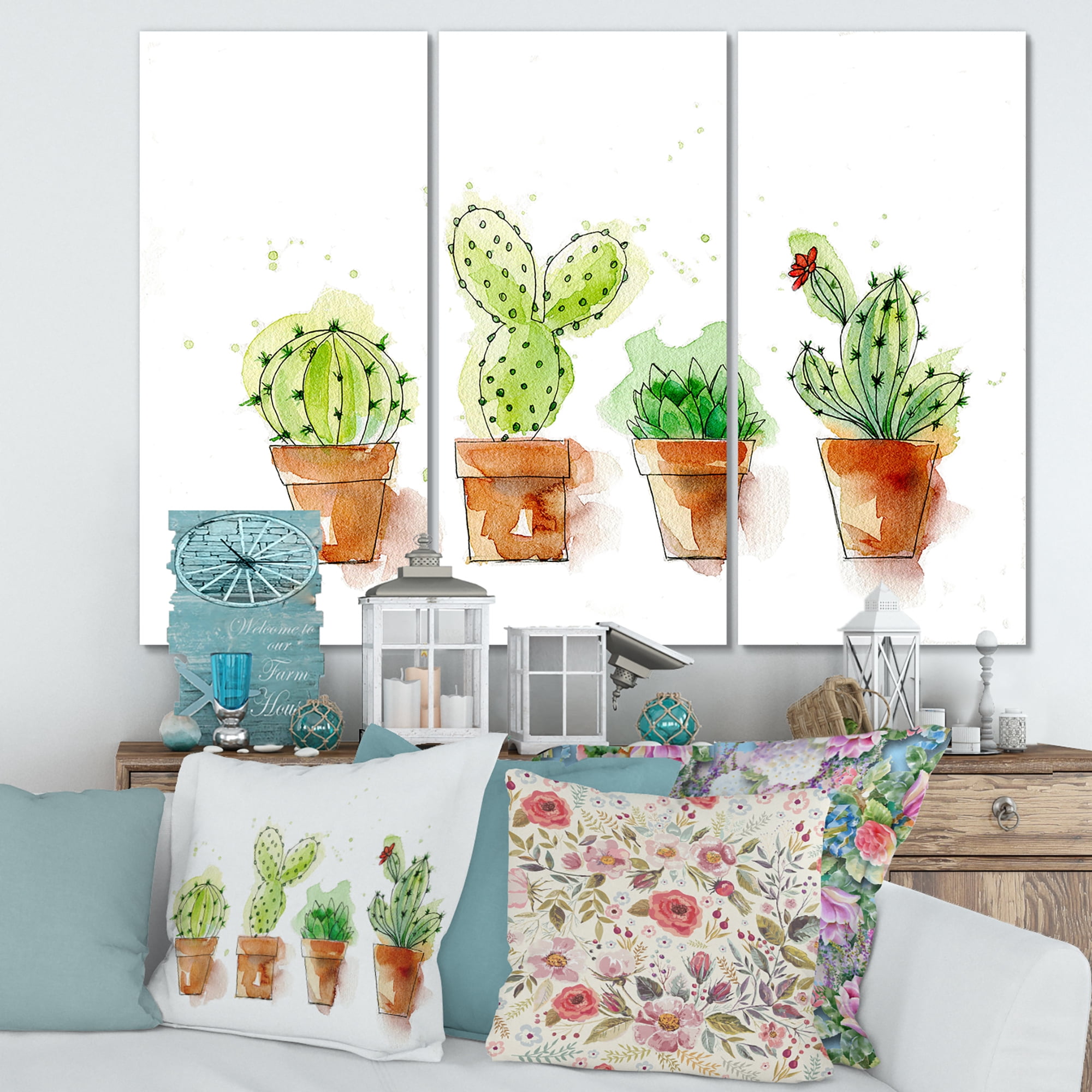 Designart ' Cacti In Gentle Tones In Ceramic Pots I ' Traditional Canvas Wall Art Print