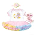 thumbnail image 3 of JAJAHO Infant Baby Girl Clothes Easter Toddler Kids 4 Piece Set Letter Print Short Sleeve Tutu Dress With Headband Shoes Leg Warmers 0-24 Months Holiday Celebration Versatile Outfit, 3 of 6