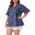 thumbnail image 4 of Agnes Orinda Women's Plus Size Floral Tops Ruffled V Neck Ruffled Puff Short Sleeves Summer Casual Blouse 2X Navy Blue, 4 of 6
