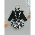 thumbnail image 4 of Qiylii 3 Pieces Baby Girls Outfits Set, Letter Ghost Print O-Neck Long Sleeve Romper + Suspender Culottes+ Headband, 0-24 Months, 4 of 9
