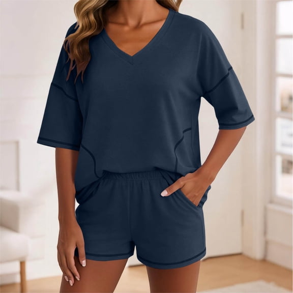CQONEPT 2 Piece Sets for Women Summer Lounge Sets Striped Shirts Shorts Set Short Sleeve Top Matching Outfit Navy S