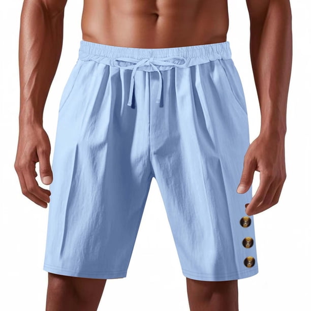 pstuiky Pantalones cortos para hombre, Pantalones cortos de lino con cintura elástica y botones de color liso para hombre, versátiles y a la moda. Pantalones cortos cargo