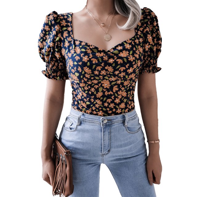 Mujer Puff Manga corta Escote cuadrado Slim Fit Estampado floral Espalda fruncida para el trabajo en casa Citas