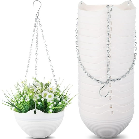 16 Pack Self Watering Hanging Planters 8 Inch Indoor Outdoor Hanging Planter Pots White Plastic Hanging Flower Pots Hanging Planter Basket Container with Drainer and Hanging Chain