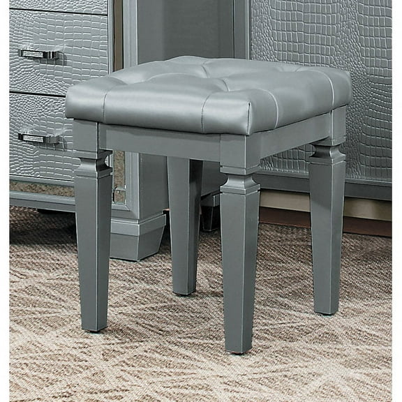 Wooden Vanity Stool With Faux Leather Tufted Seat, Gray- Saltoro Sherpi
