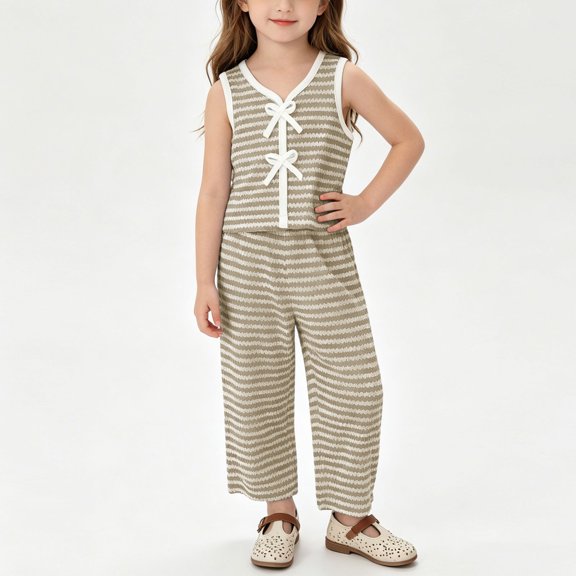 Amidoa Girls Summer Outfit Sets 2 Piece T-Shirt Tank Top and Casual Pants Set Kids Clothing Sets Beige Size 3T
