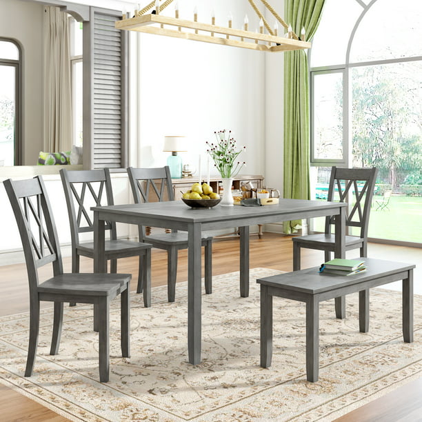Wood Dining Table And Chair Set Of 6, Dining Table Set With 4 Chairs And Bench