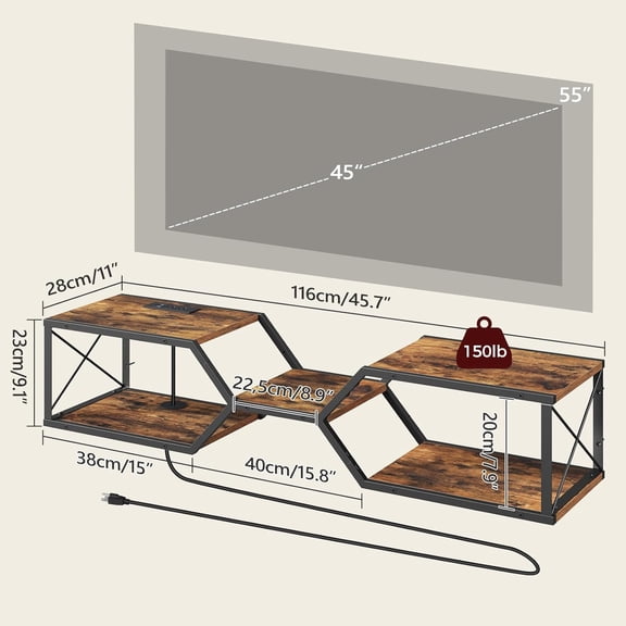 Floating TV Stand with Power Outlet, Wall-Mounted TV Shelf with X-Shaped Frame, Floating Entertainment Center with Storage, for Living Room, Bedroom, Rustic Brown TVHR301E01