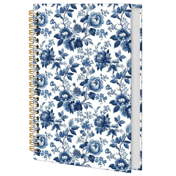 Cuaderno espiral Elpwk Retro con estampado floral azul y blanco, 14 x 21 cm