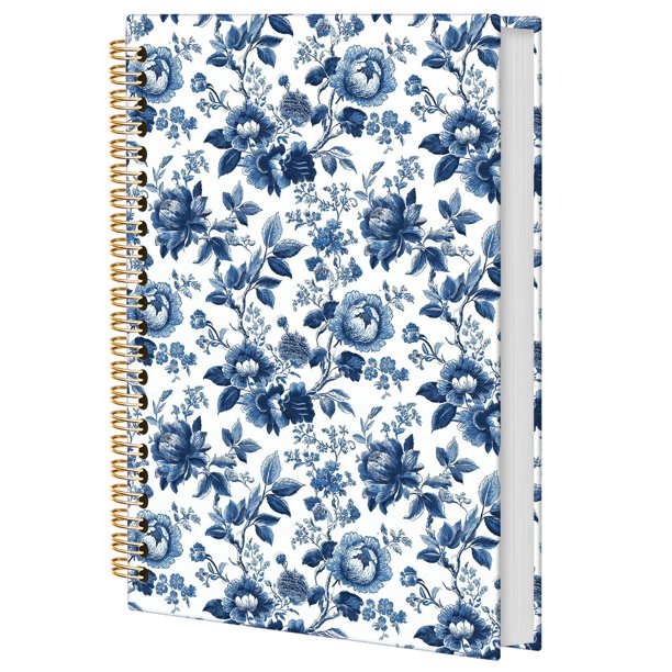 Cuaderno espiral Elpwk Retro con estampado floral azul y blanco, 14 x 21 cm