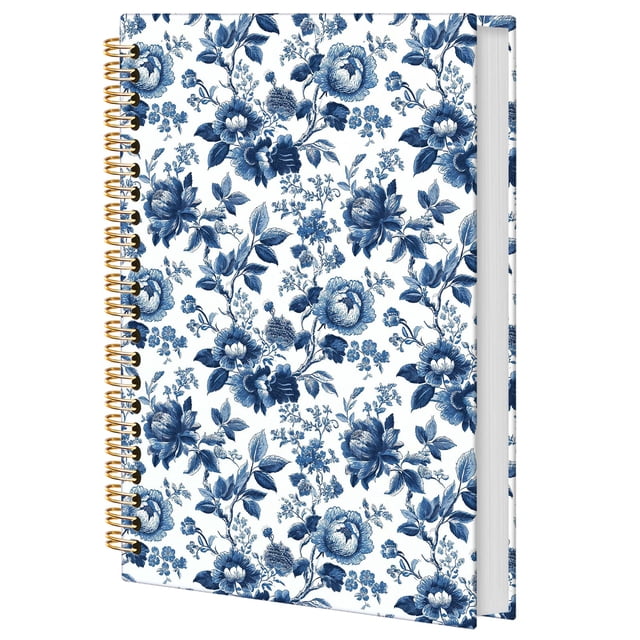 Cuaderno espiral Elpwk Retro con estampado floral azul y blanco, 14 x 21 cm