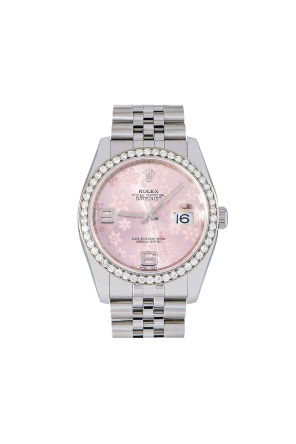 Pre-Owned Rolex Datejust 36 mm Pink Floral Diamond Dial Stainless Steel Oyster Bracelet Watch