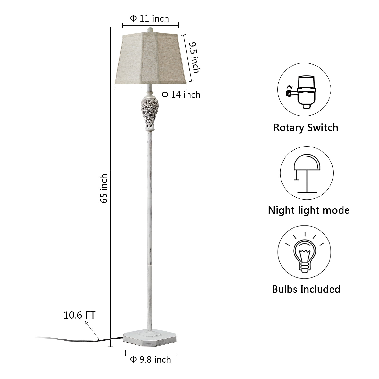 RORIA 65" Living Room Floor Lamp with Night Light, Openwork Resin Vintage Farmhouse Standing Lamp with Octagonal Linen Shade, Suitable for Bedrooms and Offices (Beige)