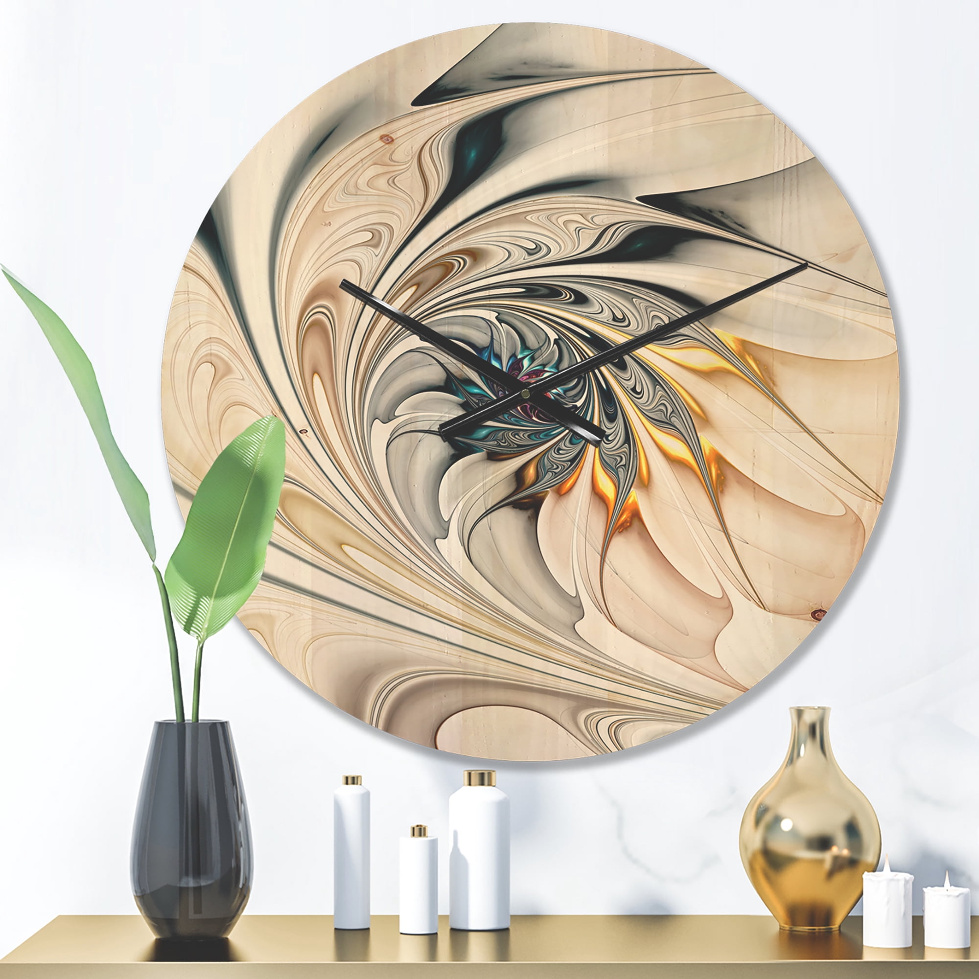 Designart 'White Stained Glass Fractal Floral Art' Modern Wood Wall Clock