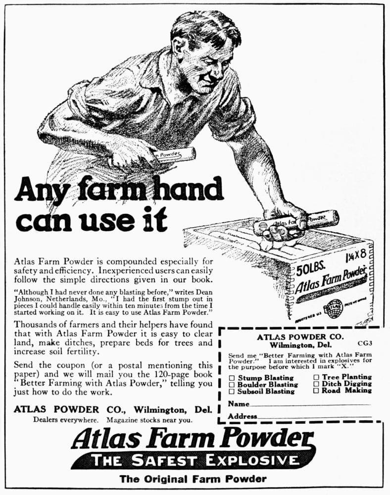 Historic advertisement of Atlas Farm Powder The Safest Explosive with illustration of farmer handling sticks of explosive powder from the early 20th century Canvas Art - Remsberg Inc Design Pics (13