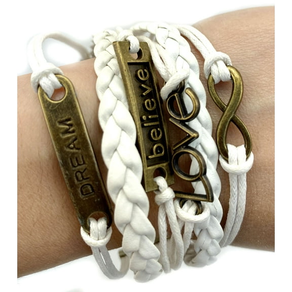Vintage Bronze Love Infinity Dream Believe Charms White Braided Leather Rope Bracelet