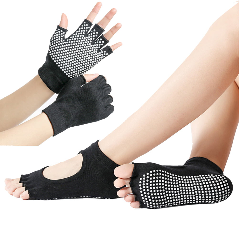 black ToeSox Grip Socks Fingerless Gloves For Yoga Pilates Dance Training 
