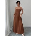 thumbnail image 6 of Coffee Womens Elegant Spaghetti Strap Ruched Waist Flowing Maxi Dress For Wedding Guest Or Formal Occasion, 6 of 7