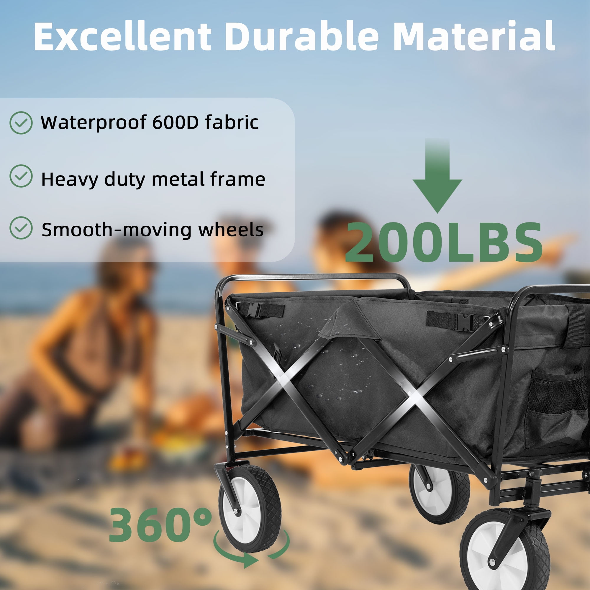 YRLLENSDAN Folding Wagon with Wheels Foldable Wagon Grocery Wagon Outdoor Wagon Cart Portable Wagon Utility Wagon for Camping Beach Sports Wagon,Black