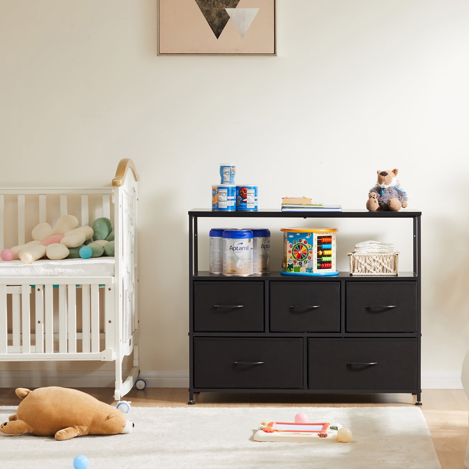 CONCETTA Dresser TV Stand for 45" TV with 5 Fabric Drawers, Sturdy Dresser for Bedroom with Wood Open Shelves, Dressers & Chest of Drawers for Living Room, Entryway, Closet, Black