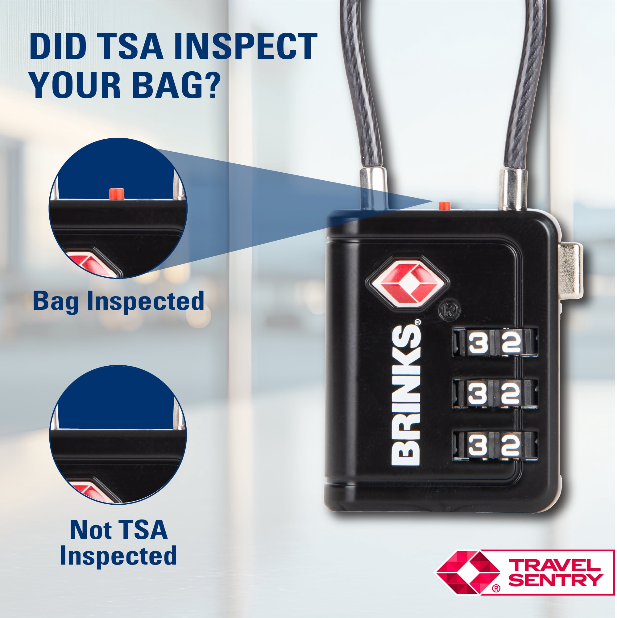 (4 pack) Brinks 34mm TSA Indicator Combination Padlock with Steel Cable Shackle, Black