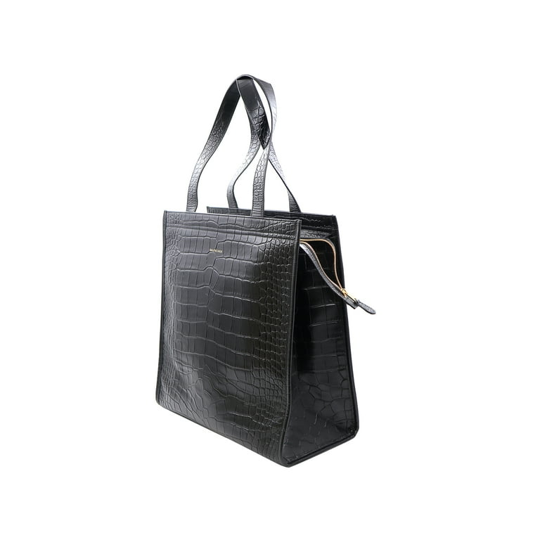 Black Leather-Look Embossed Logo Tote Bag