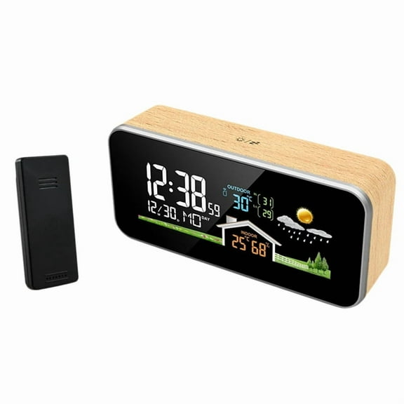 Wireless Weather Station Wooden Alarm Clock Digital Thermometer Humidity Temperature Wireless Sensor Home Desktop Watch