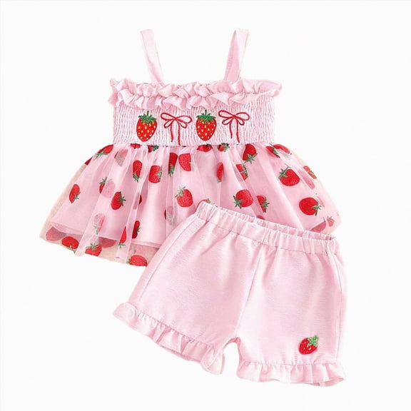 KPOPLK Toddler Kid Girl Clothes Classic Casual Pattern Print Soft Breathable Top Shorts 2PC Summer Outfit Set for Toddler Girls(18-24 Months,Red)