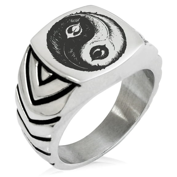 Stainless Steel Peacock Feather Yin Yang Chevron Pattern Biker Style Polished Ring