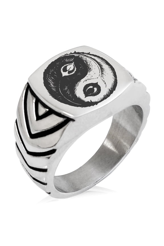 Stainless Steel Peacock Feather Yin Yang Chevron Pattern Biker Style Polished Ring