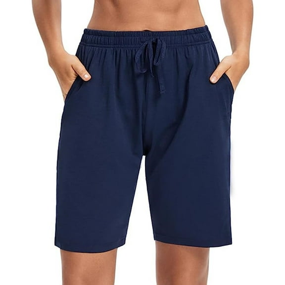 ShomPort Women's Elastic Waist Sports Shorts with Pockets Summer Soft Solid Color Long Jogging Shorts