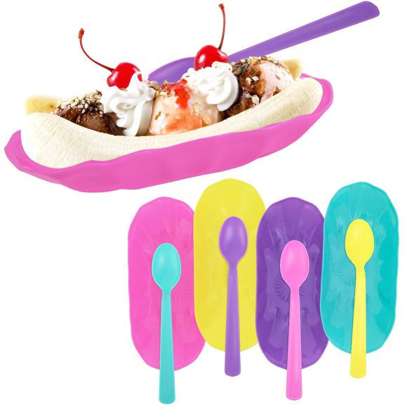Juego De 4 Botes Reutilizables De Plátano Partido Con Cucharas De Colores A Juego. Uso Como Plato De Desierto, Helado, Fruta, Cuenco Para Helado, Brownies, Bandejas Para Refrigerios, Sin Bpa (4)
