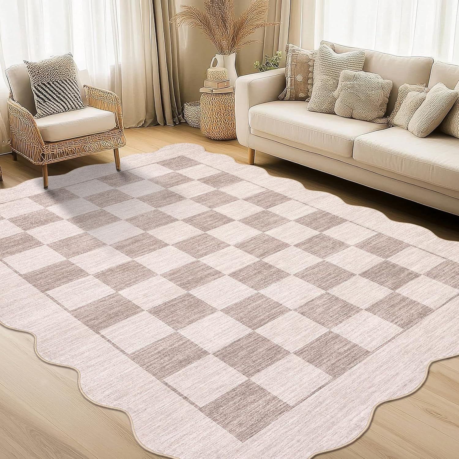 IdealHouse 8'x10' Washable Kitchen Rug, Non-Slip Low Pile Scalloped Checkerboard Farmhouse Entryway Mat, Soft Neutral Area Rug, Beige