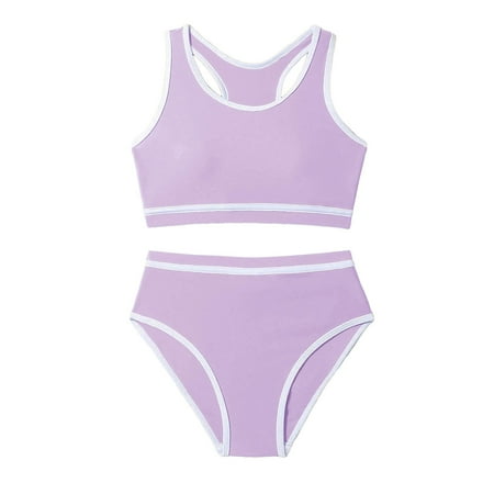 WUANDIXFA Girl s Swimsuits 2 Piece Scoop Neck Bikini Crop Top Mid Rise Sporty Bathing Suits Light Purple 15-16 Years