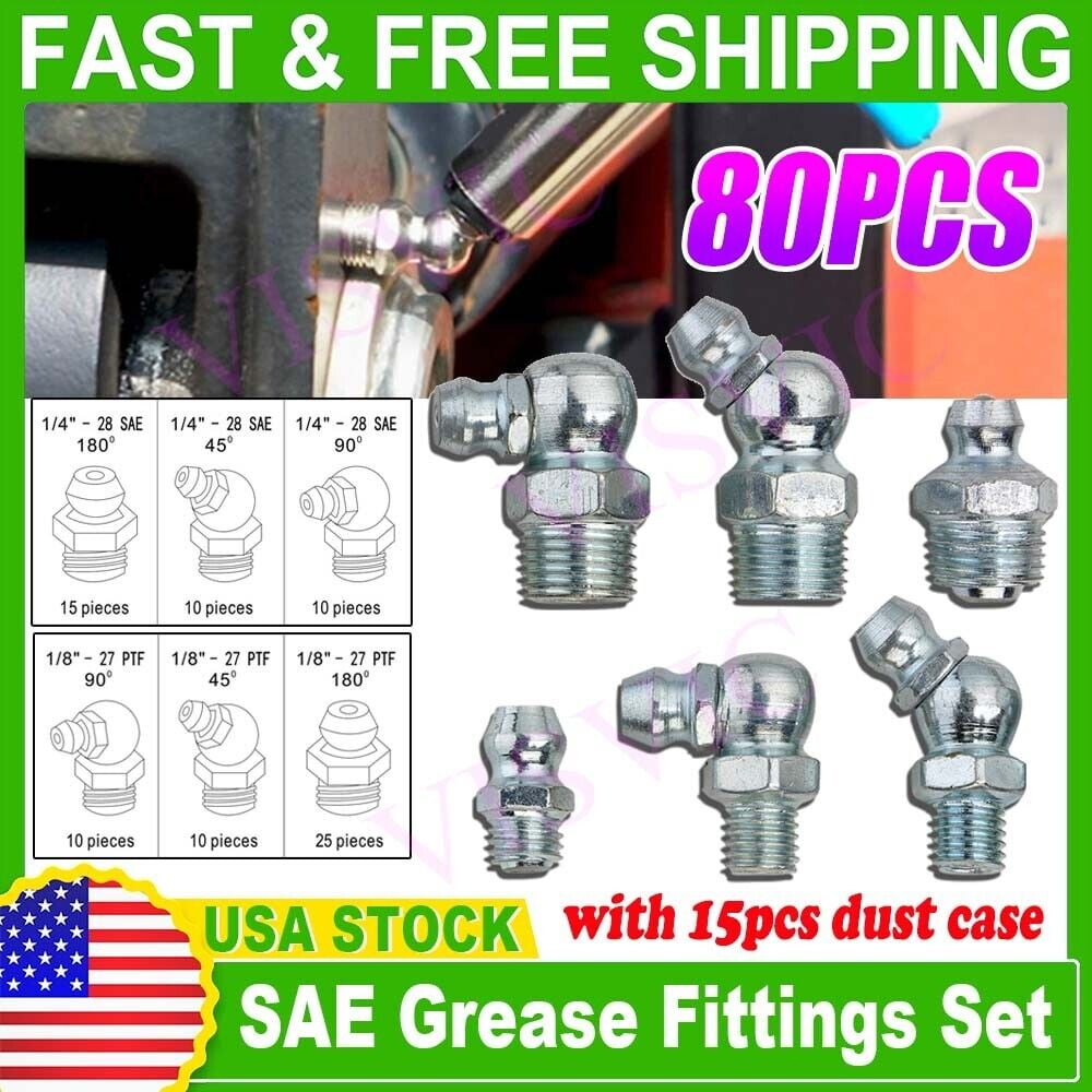 80PC SAE Hydraulic Lubrication Grease Fittings Zerk Fittings Assortment