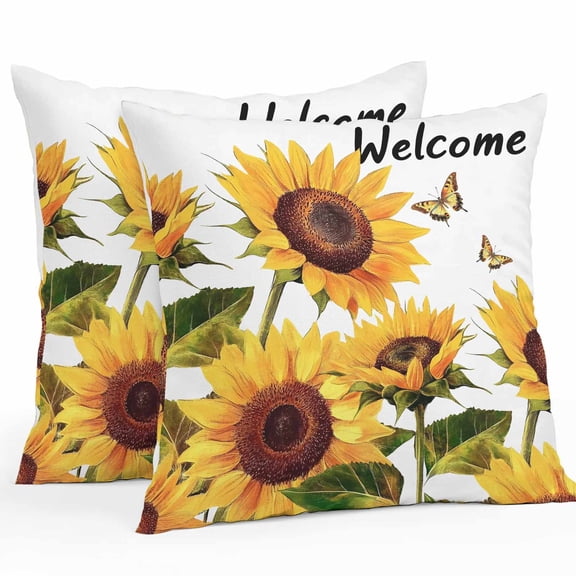 Waterproof Throw Pillow Covers Set of 2, 26x26 Inch Summer Sunflower Decorative Pillowcases Outdoor Pillow Slip Cushion Covers Set for Couch Tent Butterfly Text Vintage Watercolor