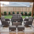thumbnail image 2 of POCASSY 7 Pieces Fire Pit Table Set Patio Furniture with Glider Loveseat, All Weather Outdoor Conversation Set with Cushioned Patio Loveseat and Wicker Patio Chairs, Brown Wicker Gray Cushion, 2 of 20
