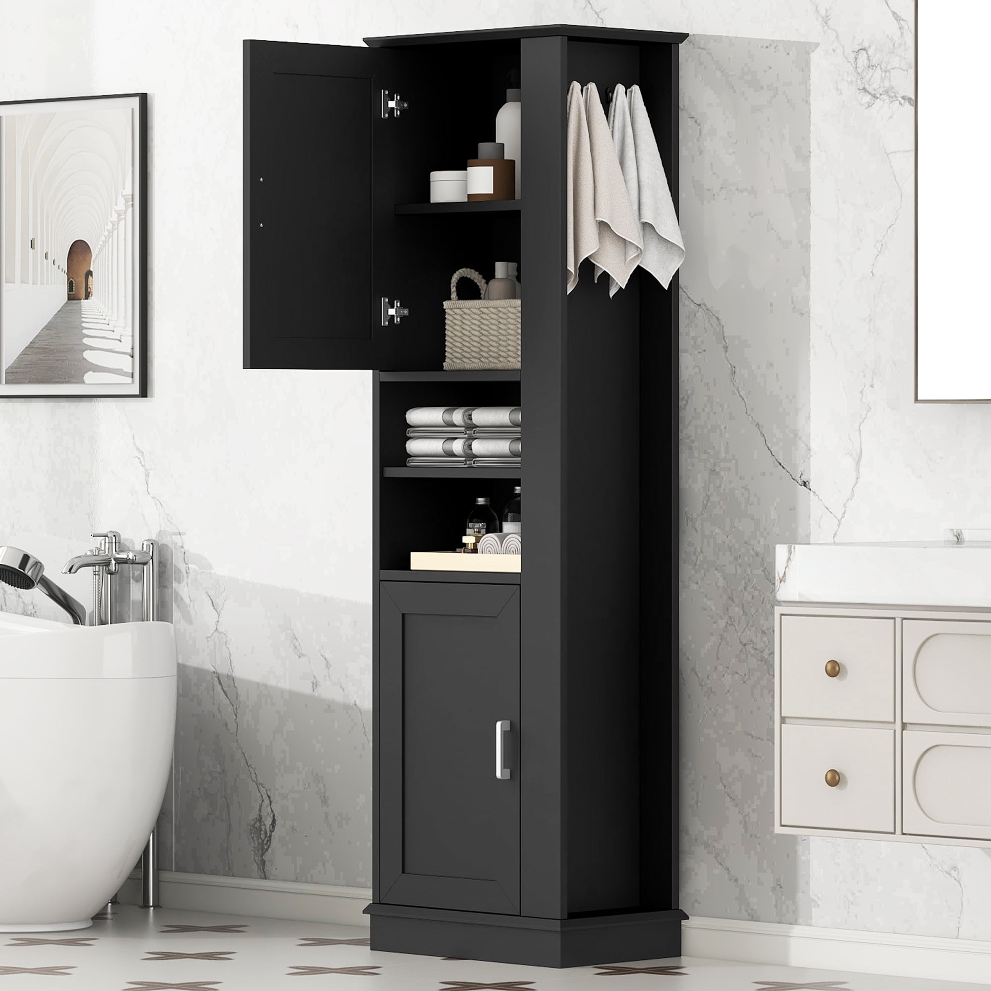 HOQBN 69"H Tall Bathroom Storage Cabinet,Freestanding Storage Cabinet with Hook & Adjustable Shelf for Bathroom, Living Room, Black