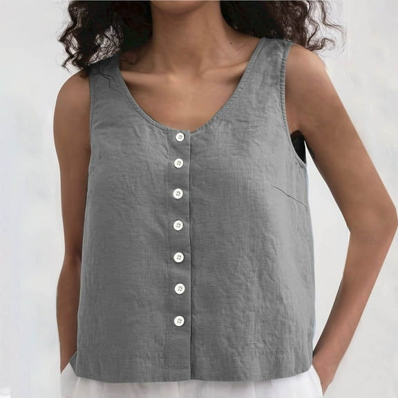 Vhkiploz Linen Tank Top for Women Solid Color Crew Neck Sleeveless Summer Shirt Casual Loose Button Down Blouse Daily Cami Tees