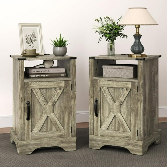 RoyalCraft Farmhouse Bedroom Nightstand with Charging Station, Set of 2, Light Grey