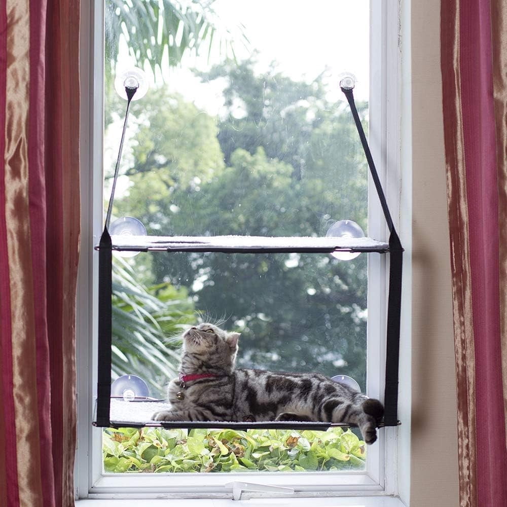 Leyeet Cat Window Perches 2 Layered Hammock Cat Bed up to 55 lb Can Be Installed on Small Window Soft Mats Stable Metal Frames Kitty Sunny Seat (Double Layers, Grey) (Cat Face)