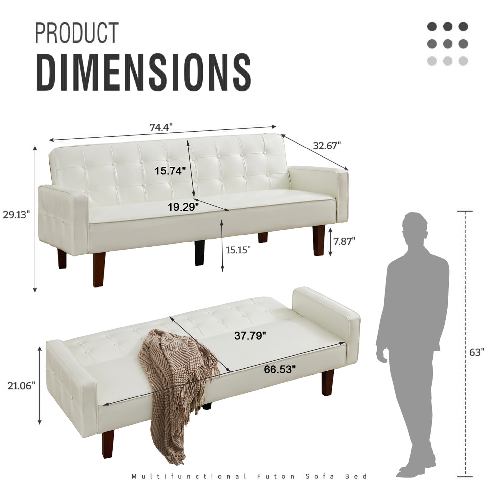 Aukfa 75" Button-Tufted Futon Convertible Sofa Bed for Home Office, Leather, White