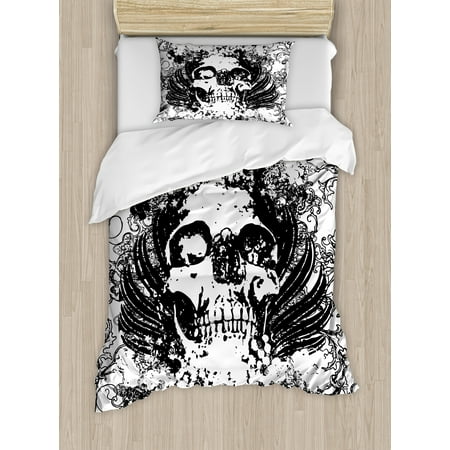 Black And White Skull Bedding Gothic Duvet Cover Set, Scary Skull in Grunge Sketch Dead Themed Dark Horror Evil Illustration Image, Decorative Bedding Set with Pillow Shams, Black and White, by Ambesonne ()